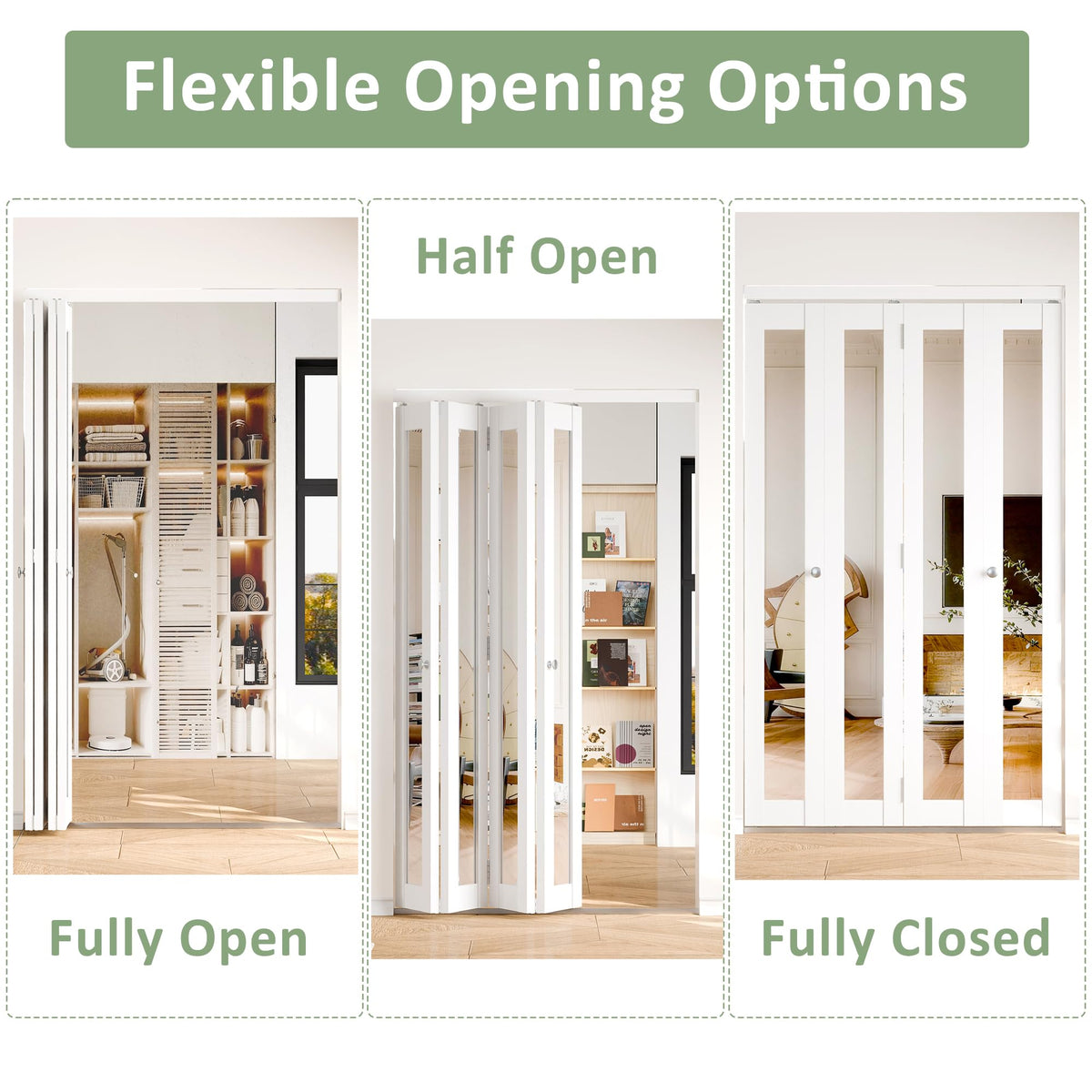 White MDF PVC Covering Full Light Mirrored 4-Panel Bi-Fold Door for Closet, Laundry Room, Bathroom - Space-Saving