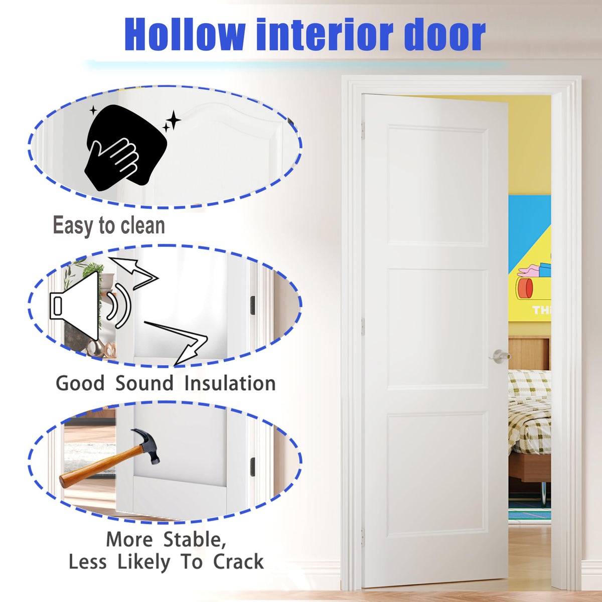 TENONER White Primed 3-Panel Hollow Interior Door for Pantry, Closet, Easy to Install, Stain Resistant