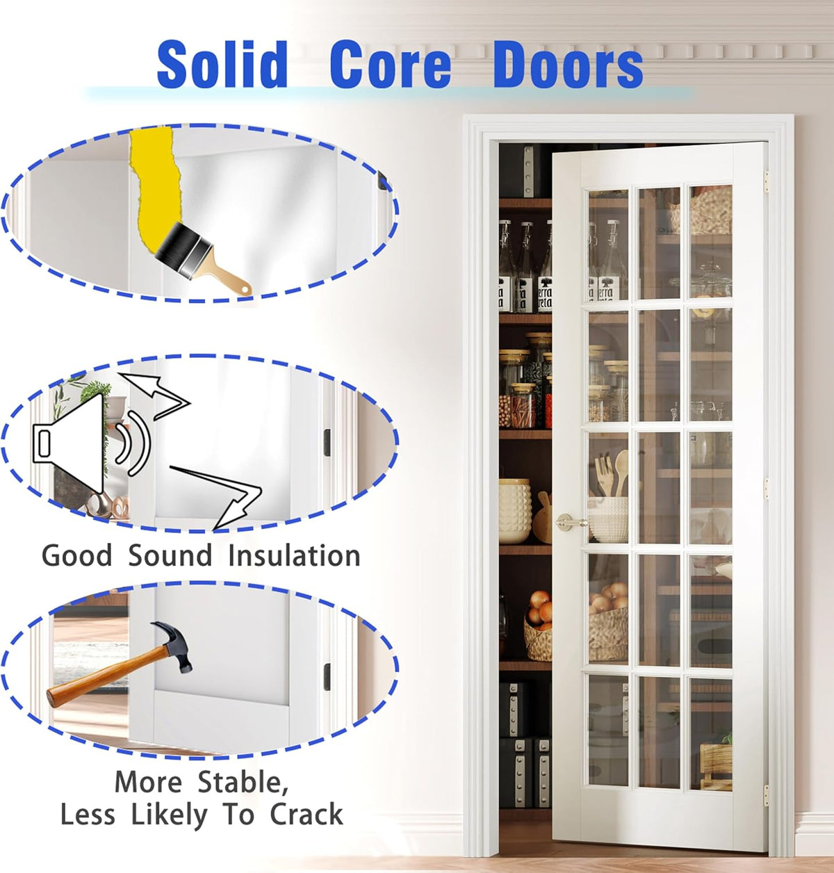 TENONER White Primed Finished Solid Core 15-Lite Clear Glass Slab / Prehung Interior Door