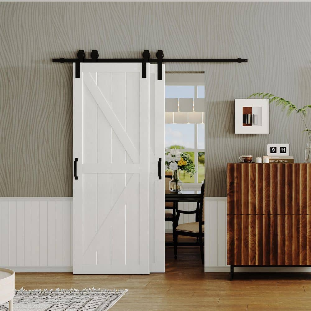 TENONER White Primed K-Shape MDF Panel Sliding Bypass Barn Door