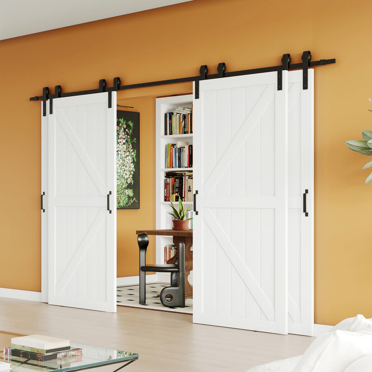 TENONER White Primed K-Shape MDF Panel Sliding Bypass Barn Door