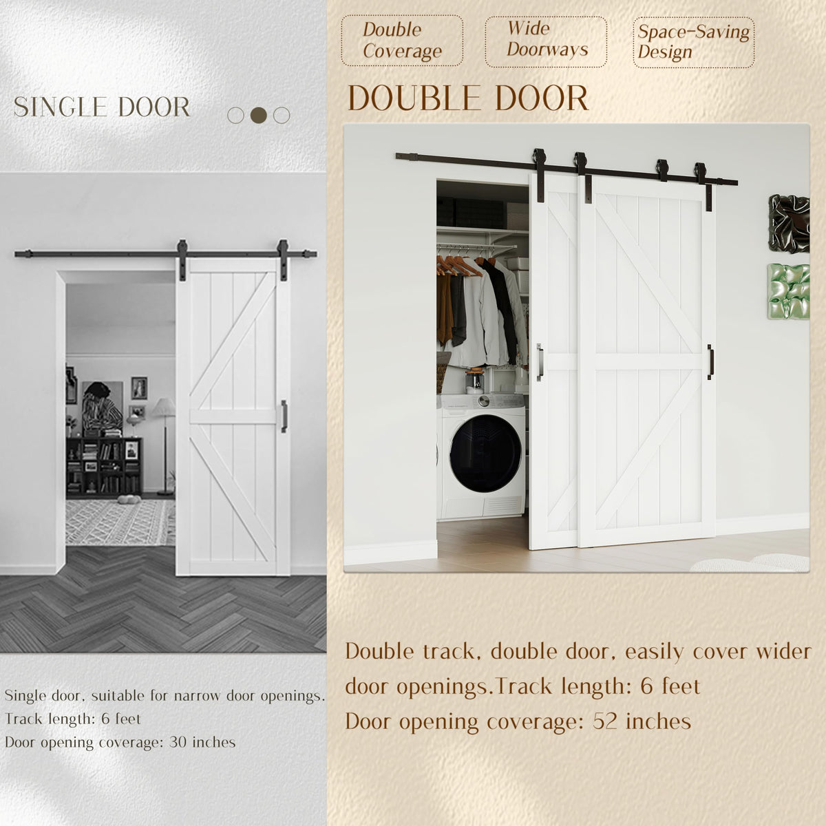 TENONER White Primed K-Shape MDF Panel Sliding Bypass Barn Door