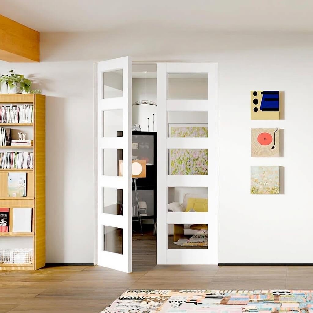 White Primed Solid Core 5-Lite Clear Glass Slab / Prehung Interior French Door for Closet, Bedroom, Pantry - Easy to Clean