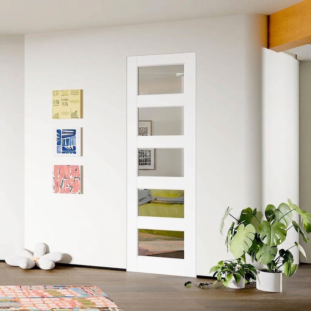 White Primed Solid Core 5-Lite Clear Glass Slab / Prehung Interior Door Slab for Closet, Bedroom, Pantry - Easy to Clean