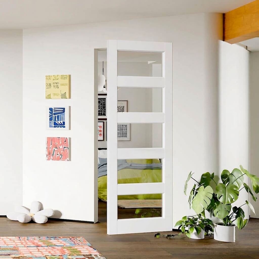 White Primed Solid Core 5-Lite Clear Glass Slab / Prehung Interior Door Slab for Closet, Bedroom, Pantry - Easy to Clean