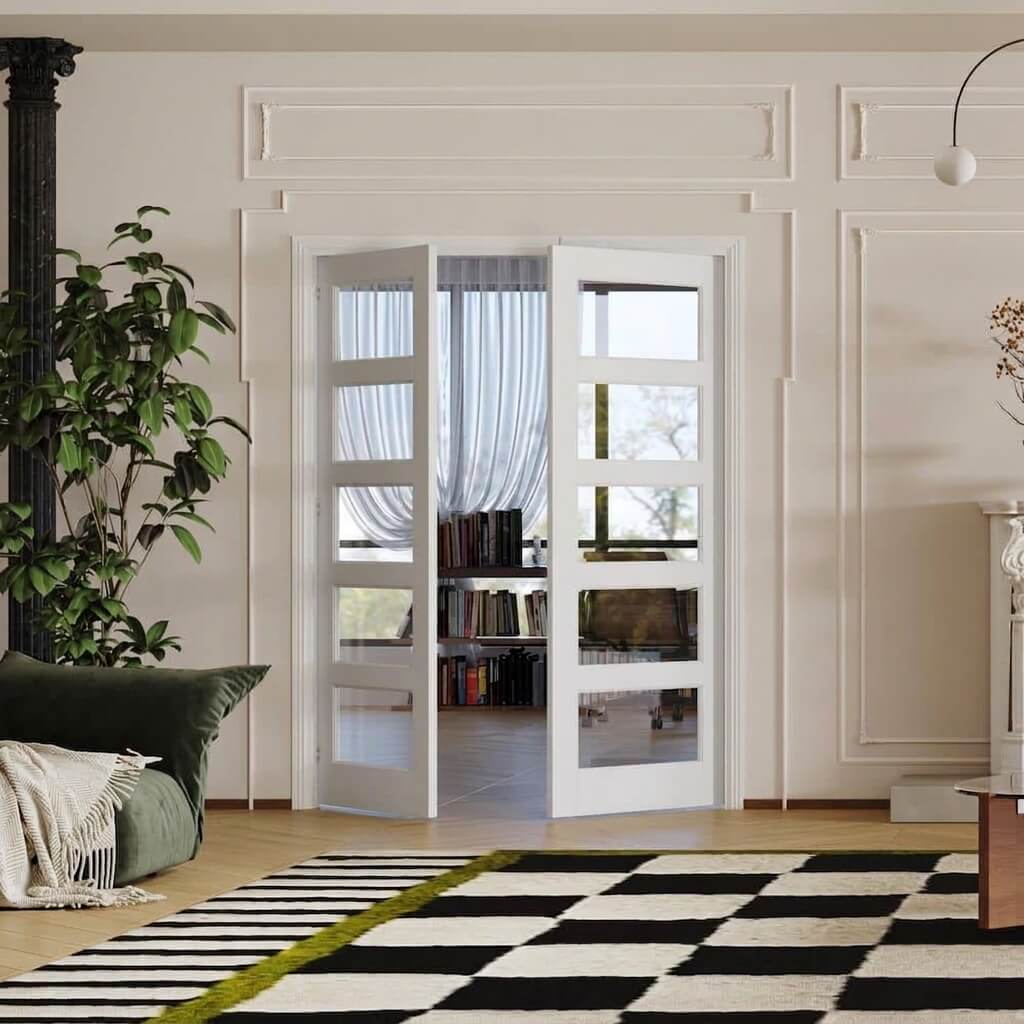 White Primed Solid Core 5-Lite Clear Glass Slab / Prehung Interior French Door for Closet, Bedroom, Pantry - Easy to Clean