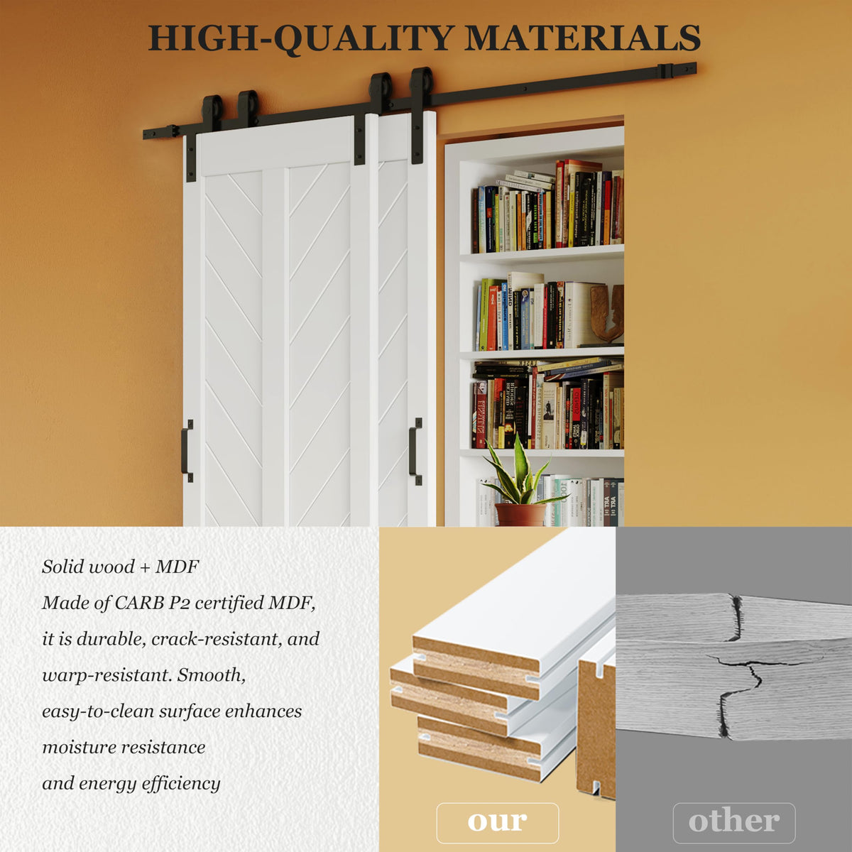 TENONER White Primed V-Shape MDF Panel Sliding Bypass Barn Door