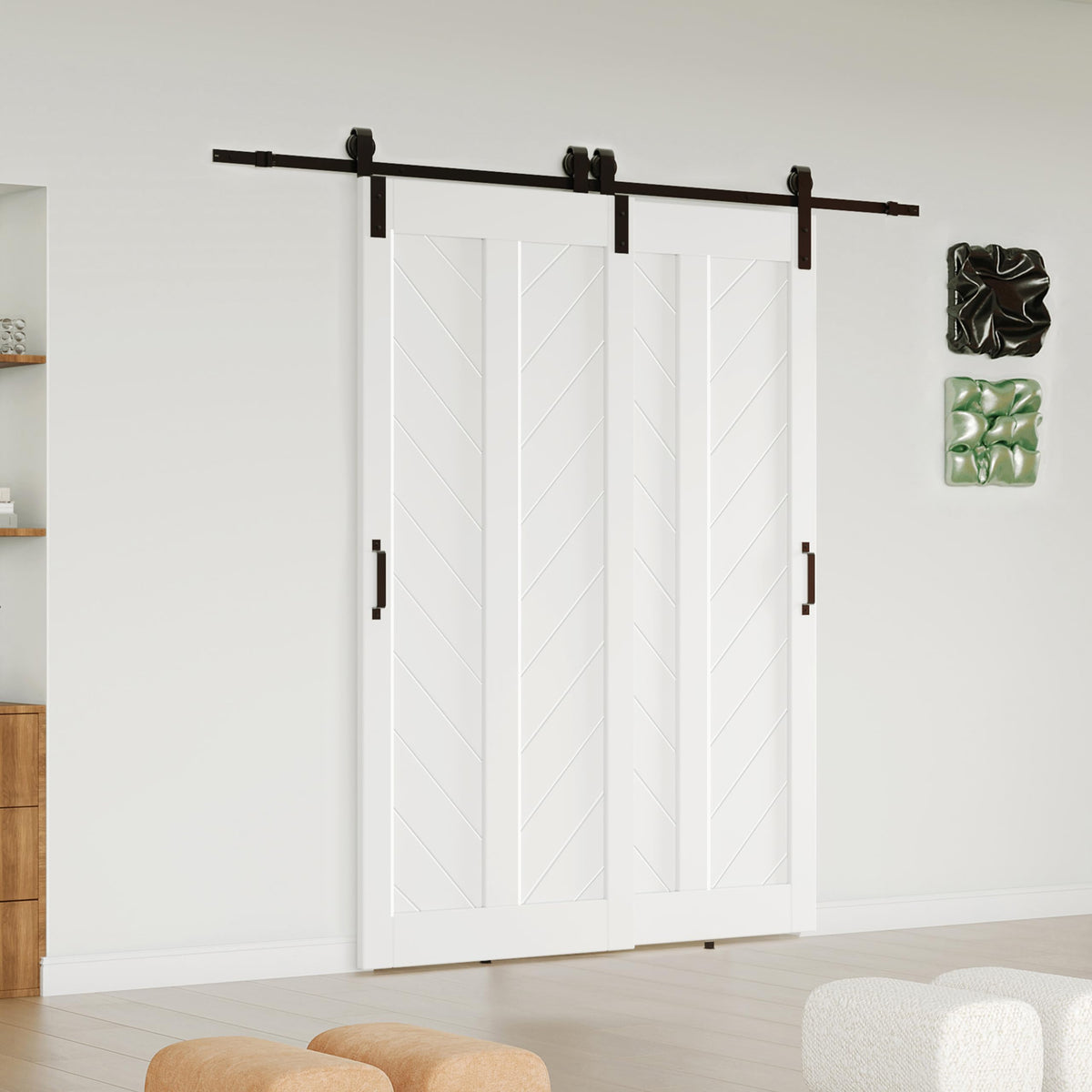 TENONER White Primed V-Shape MDF Panel Sliding Bypass Barn Door