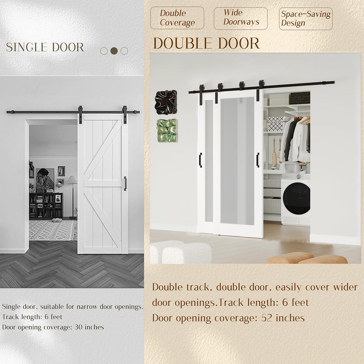 TENONER White 1-Lite Frosted Glass MDF Sliding Bypass Barn Door