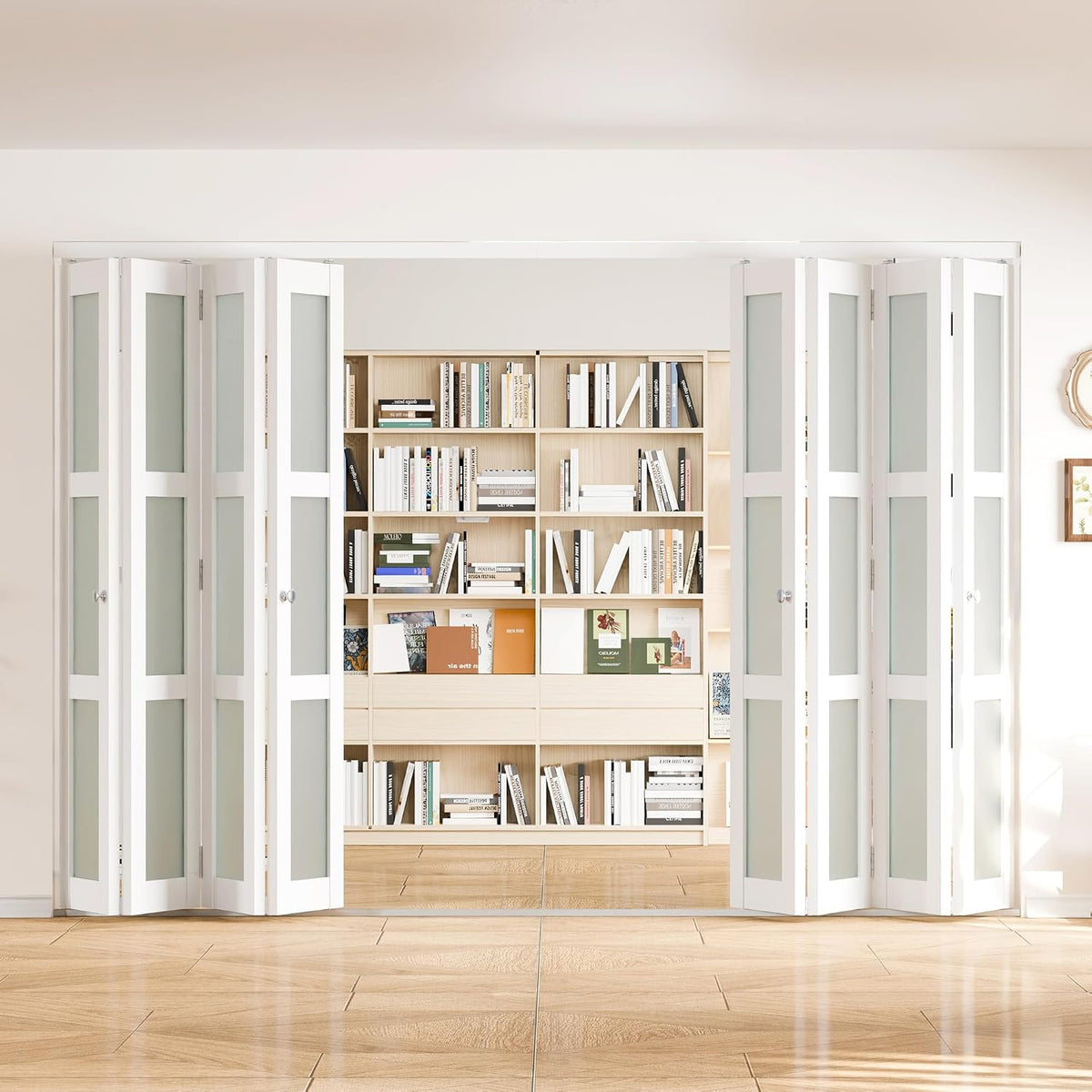 White MDF PVC Covering 3-Lite Frosted Glass 4-Panel Bi-Fold Door for Closet, Laundry Room, Bathroom - Space-Saving