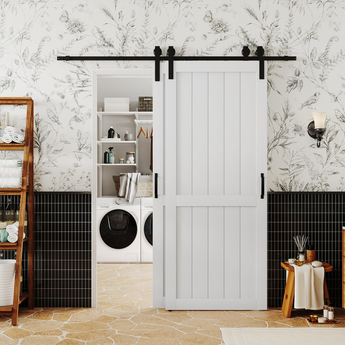 TENONER White Primed H-Frame MDF Panel Sliding Bypass Barn Door