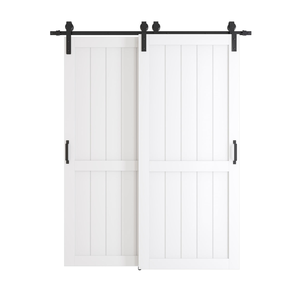 TENONER White Primed H-Frame MDF Panel Sliding Bypass Barn Door