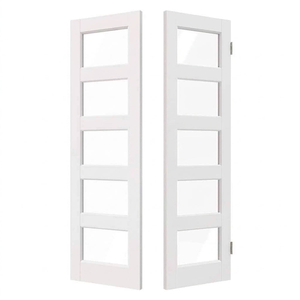 White Primed Solid Core 5-Lite Clear Glass Slab / Prehung Interior French Door for Closet, Bedroom, Pantry - Easy to Clean