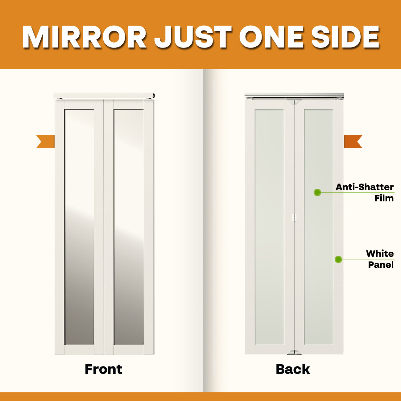 24/30/36 in. x 80 in. White, MDF, 1 Lite, Mirror Glass Bi-Fold Interior Door for Closet, with Hardware Kits