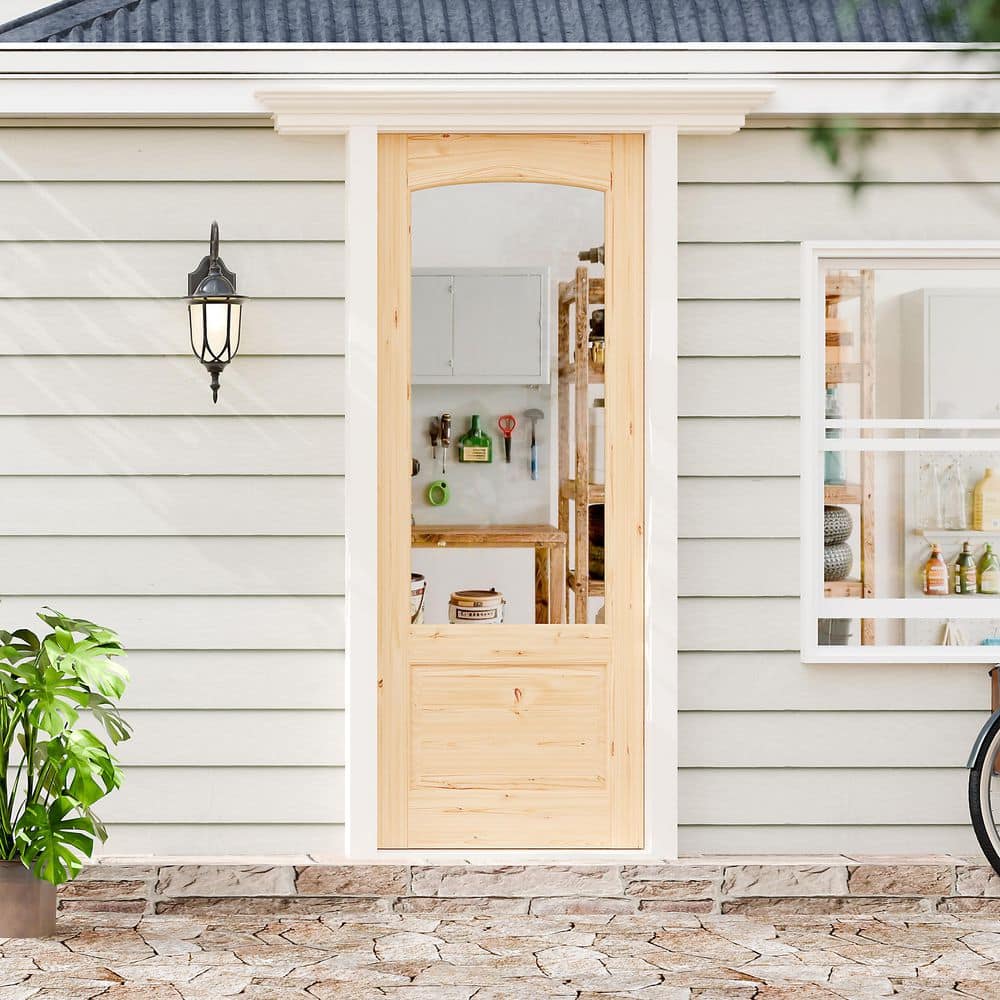 TENONER 1-Light Arched Tempered Clear Glass Pine Wood Exterior Front Doors