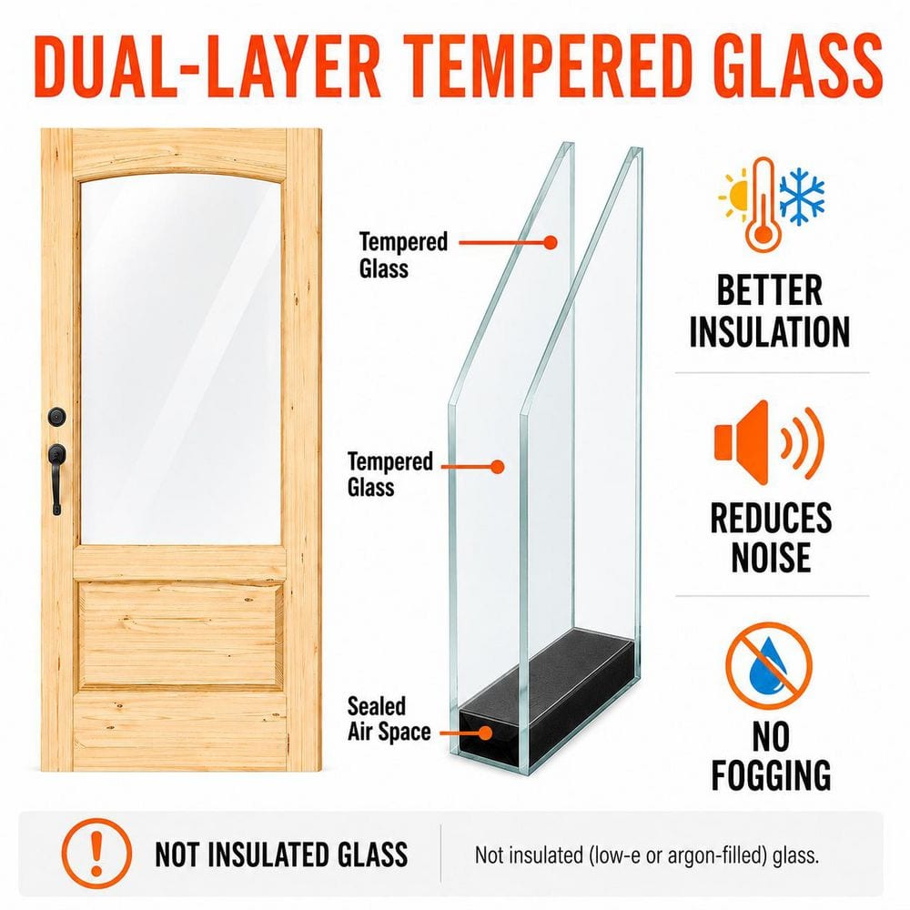 TENONER 1-Light Arched Tempered Clear Glass Pine Wood Exterior Front Doors