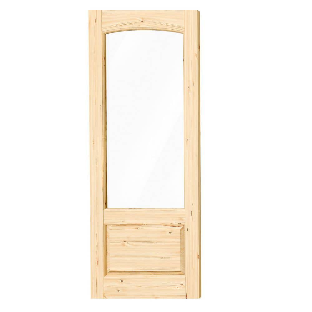 TENONER 1-Light Arched Tempered Clear Glass Pine Wood Exterior Front Doors