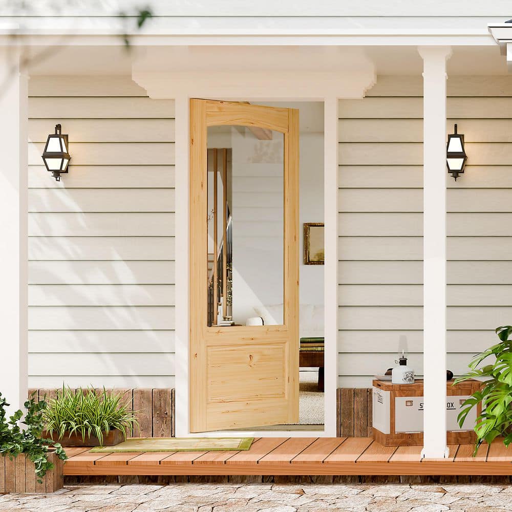 TENONER 1-Light Arched Tempered Clear Glass Pine Wood Exterior Front Doors