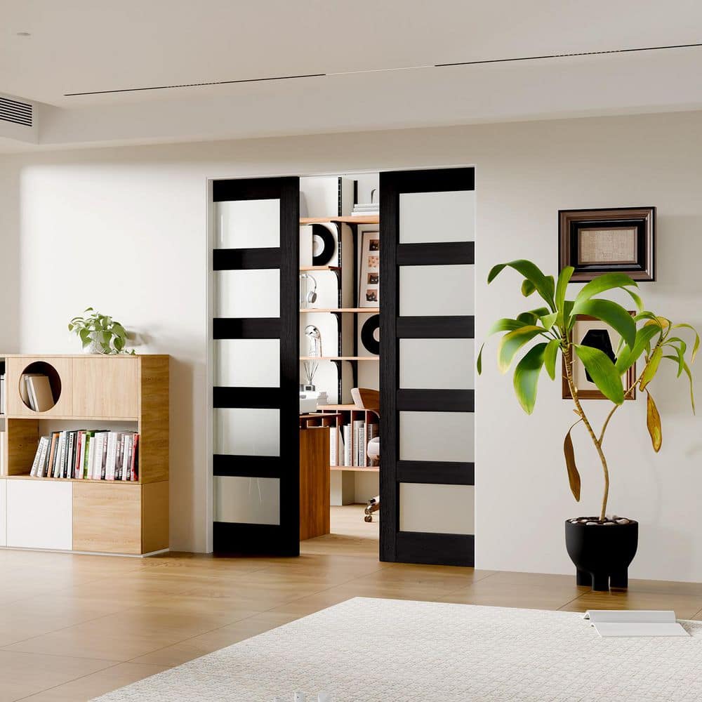TENONER Black 5-Lite Tempered Frosted Glass Interior Pocket Door with Hardware