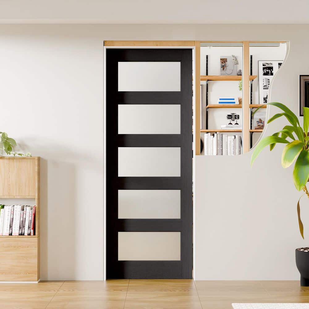 TENONER Black 5-Lite Tempered Frosted Glass Interior Pocket Door with Hardware