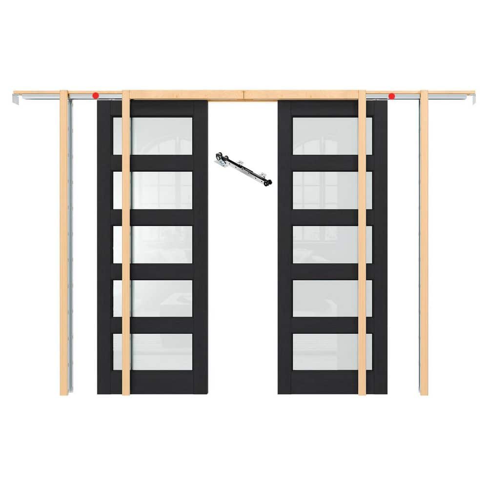 TENONER Black 5-Lite Tempered Frosted Glass Interior Pocket Door with Hardware