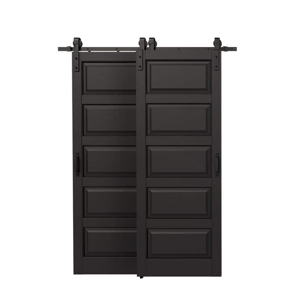 TENONER Black 5-Panel Waterproof Covering MDF Sliding Bypass Barn Door