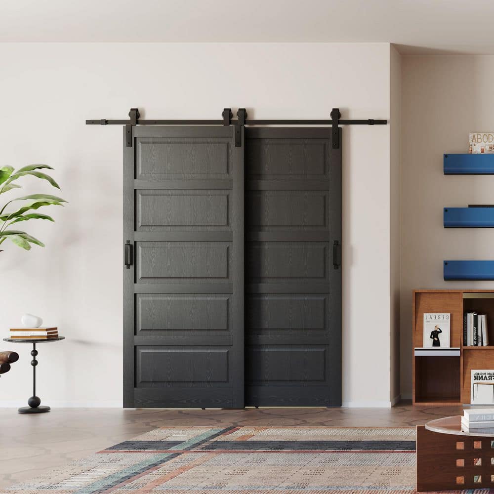 TENONER Black 5-Panel Waterproof Covering MDF Sliding Bypass Barn Door