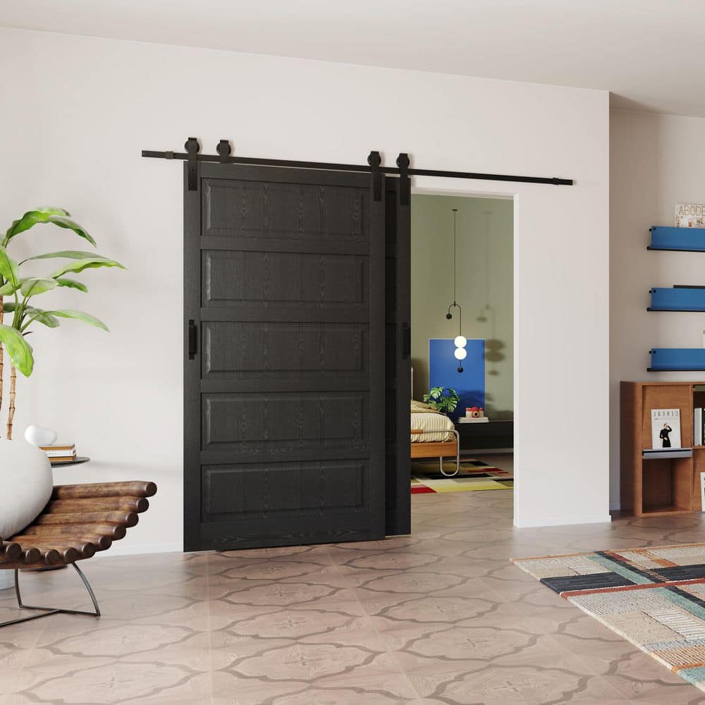 TENONER Black 5-Panel Waterproof Covering MDF Sliding Bypass Barn Door