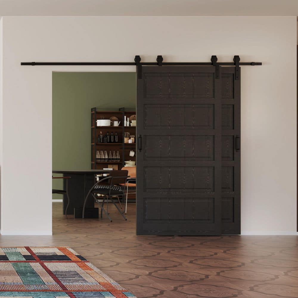TENONER Black 5-Panel Waterproof Covering MDF Sliding Bypass Barn Door