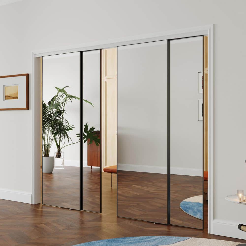 TENONER Black/White/Silver Aluminum Frame Mirrored Glass Sliding Closet Door for Bedroom, Closet, and Living room - Space-Saving, Durable with Hardware Track Kit & Floor Guide
