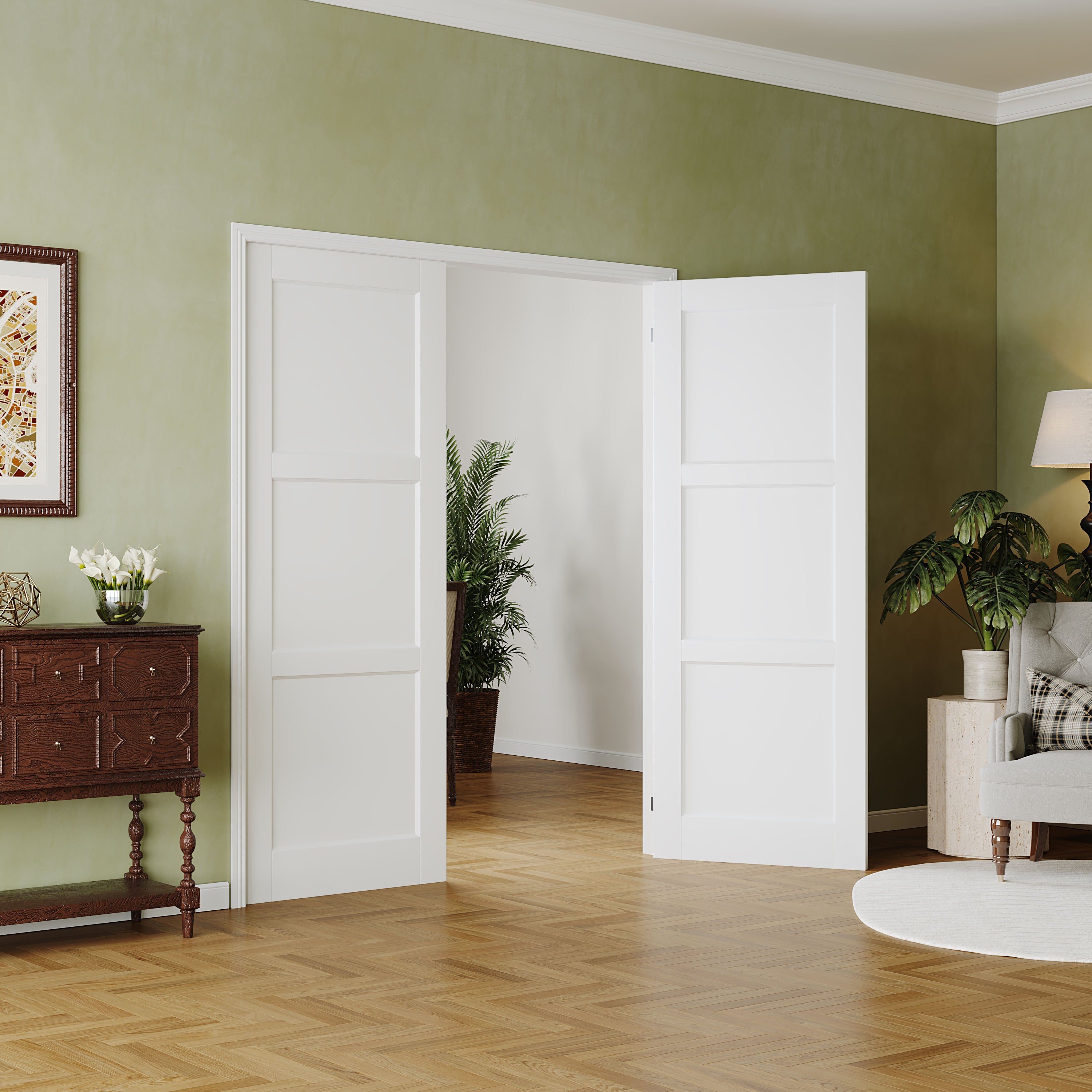 3-Panel Interior Door French Door Panels for Closet & Bedroom, Prehung Interior Single Door - Finished Pantry Door Slab, Primed White（Hinges and Handles not Included）