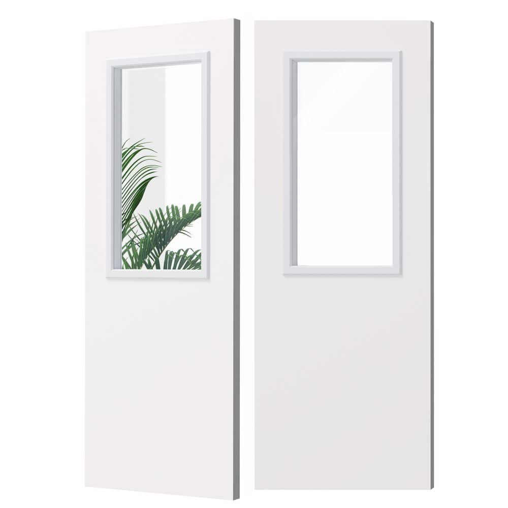 TENONER White Primed Solid Wood 1-Lite Clear Glass Universal Exterior Door without Large Pet Door, No Hinges or Handles