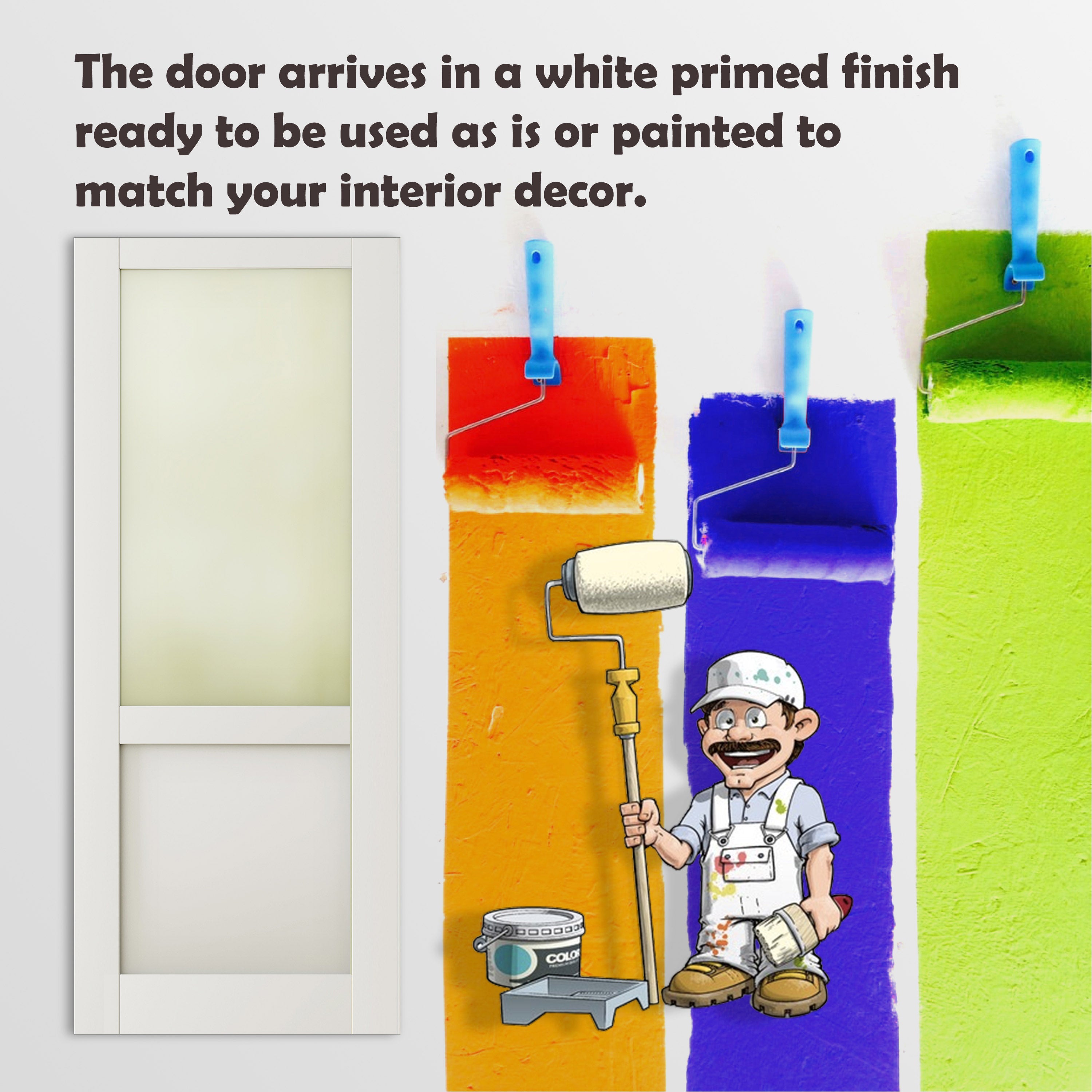 Half-Frosted Glass Interior Door, Finished Door Panels for Wardrobe & Bedroom, Single Pantry Door Slab, MDF, White Primed