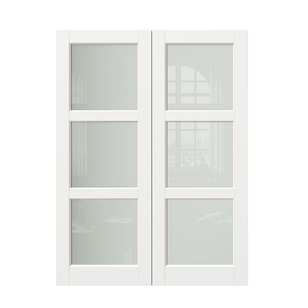 TENONER Sliding Pocket Door, 3-Lite Frosted Glass Interior Door with Frame and Hardware Kit Set, Interior Door Slab for Pocket Door, White Primed - No Panel Assembly Required, Double Door