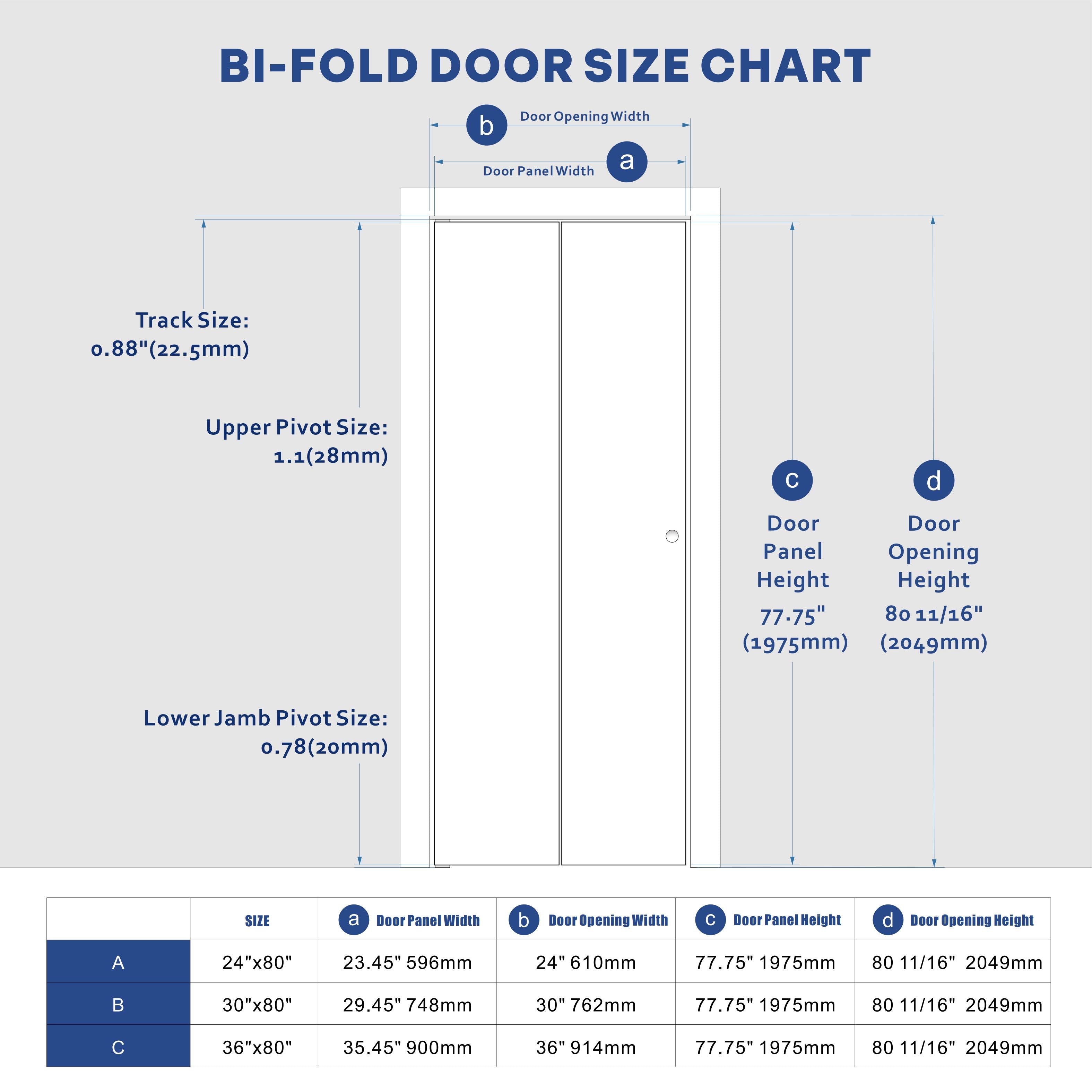 24/30/36 in x 80 in Three Frosted Glass Panel Bi-Fold Interior Door with MDF & Water-Proof PVC Covering, Hardware Included