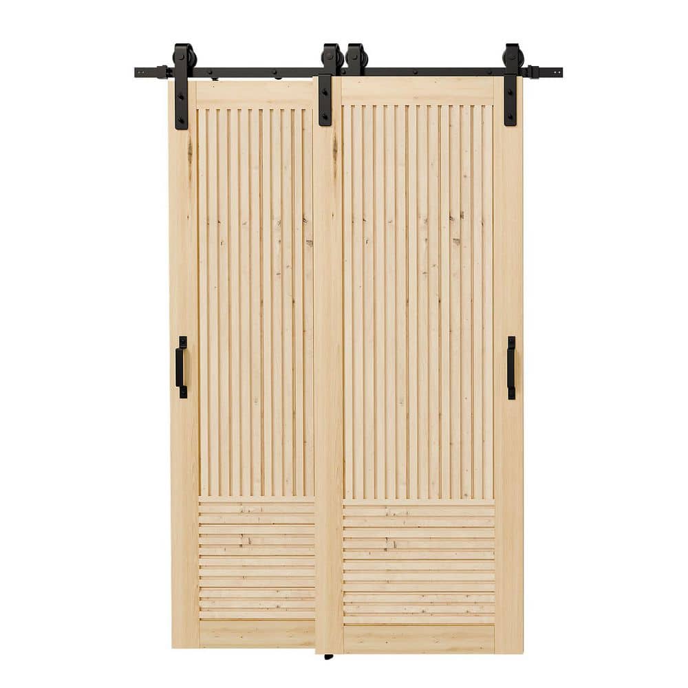 TENONER Light Brown Pine Wood Fluted Sliding Bypass Barn Door