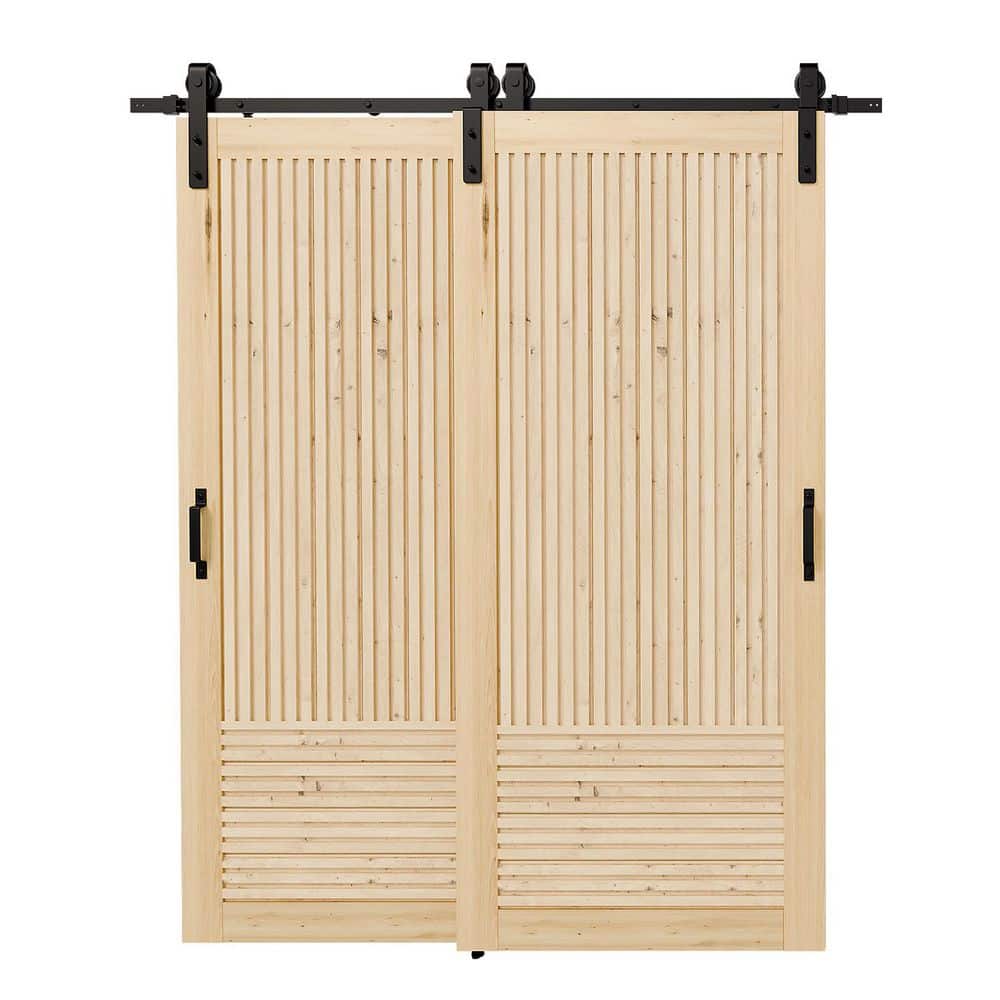 TENONER Light Brown Pine Wood Fluted Sliding Bypass Barn Door