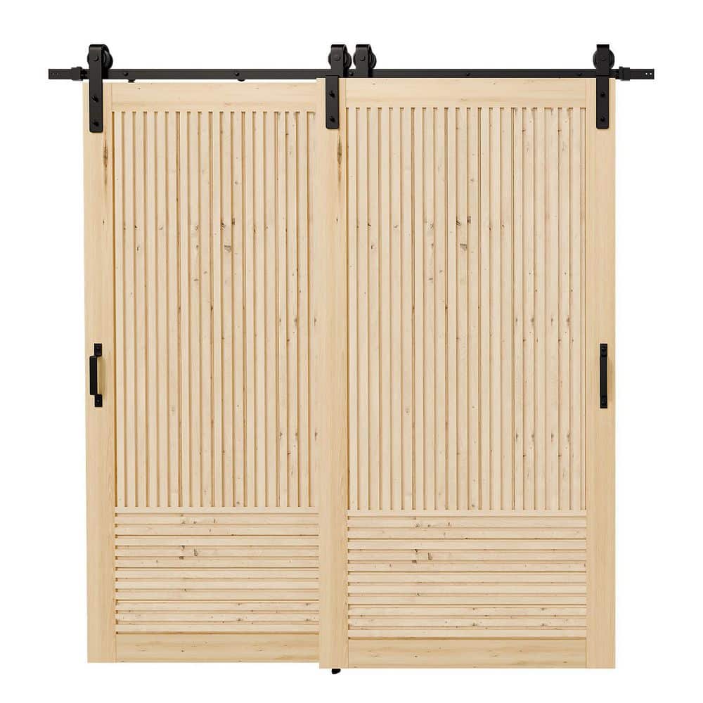 TENONER Light Brown Pine Wood Fluted Sliding Bypass Barn Door