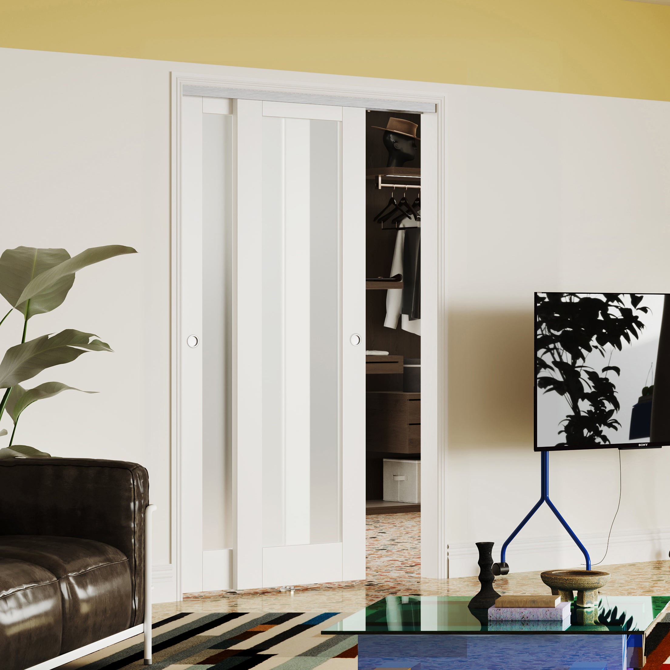 TENONER White MDF 1-Lite Frosted Glass Bypass Door for  Bedroom, Living Room,Laundry – DIY Painted, Easy Installation with Bypass Hardware Kits
