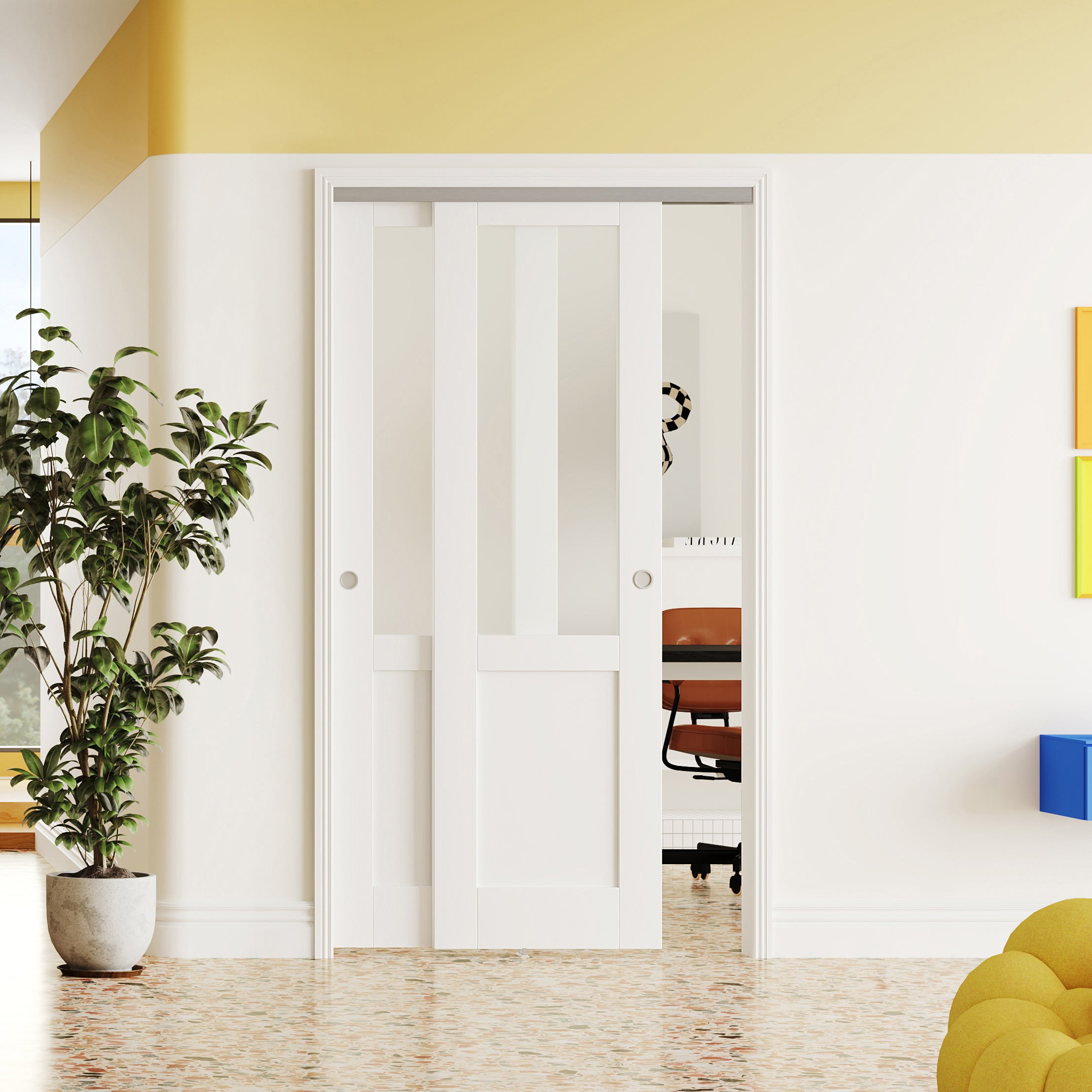 TENONER White MDF 1/2-Lite Frosted Glass Bypass Door for  Bedroom, Living Room,Laundry – DIY Painted, Easy Installation with Bypass Hardware Kits