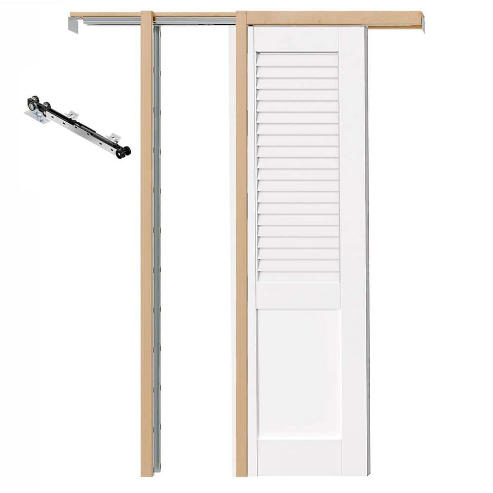 TENONER White Upper Half-Panel Louvered and Lower Half Core Interior Sliding Pocket Door with Hardware Kit & Soft Close