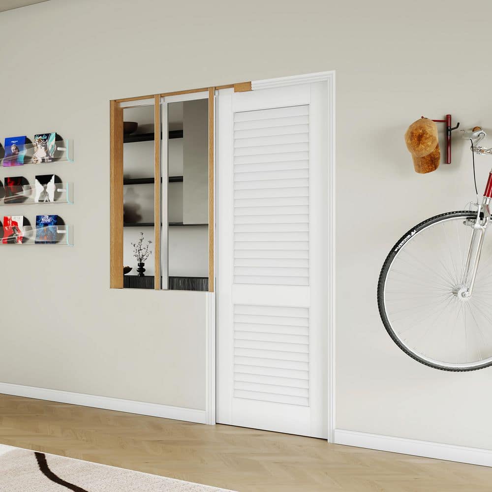 TENONER White Upper Half-Panel Louvered and Lower Half Core Interior Sliding Pocket Door with Hardware Kit & Soft Close