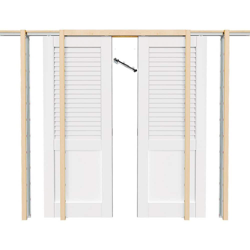 TENONER White Upper Half-Panel Louvered and Lower Half Core Interior Sliding Pocket Door with Hardware Kit & Soft Close