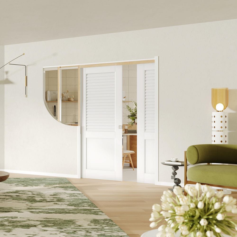 TENONER White Upper Half-Panel Louvered and Lower Half Core Interior Sliding Pocket Door with Hardware Kit & Soft Close