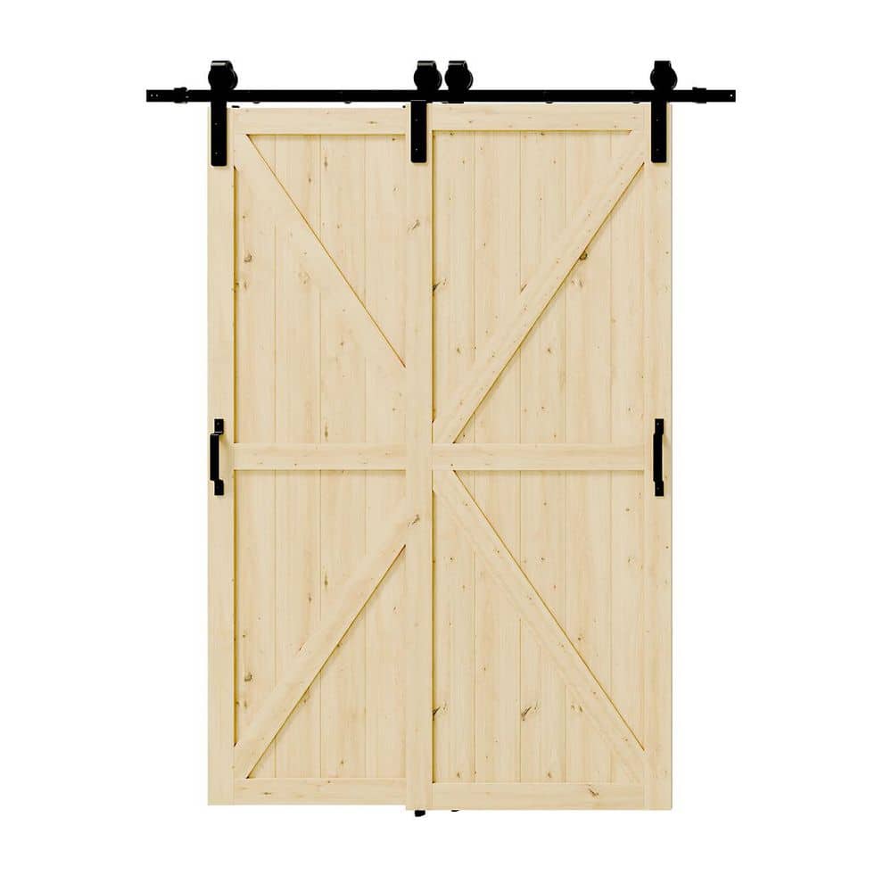 TENONER Pine K-Frame Double Exterior Bypass Barn Door with Hardware
