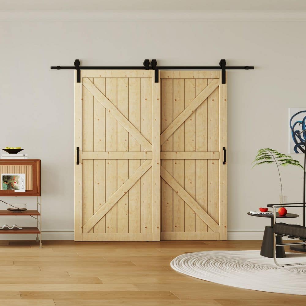 TENONER Pine K-Frame Double Exterior Bypass Barn Door with Hardware