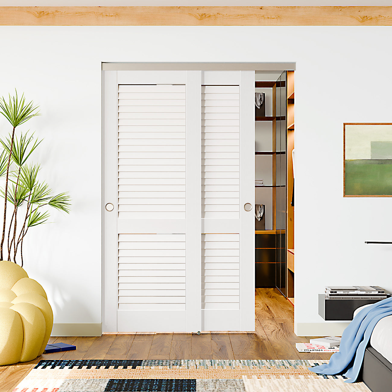 TENONER White Louvered Bypass Door for  Bedroom, Living Room,Laundry – DIY Painted, Easy Installation with Bypass Hardware Kits