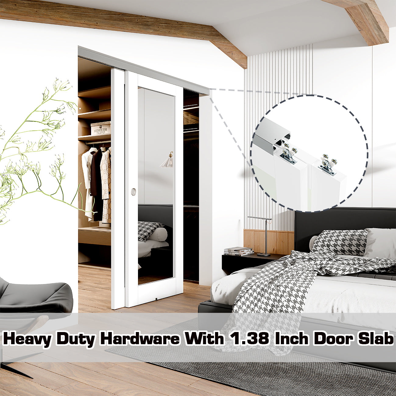 TENONER White MDF 1-Lite Mirror Glass Bypass Door for Living Room, Bedroom, Laundry – DIY Painted, Easy Installation with Bypass Hardware Kits