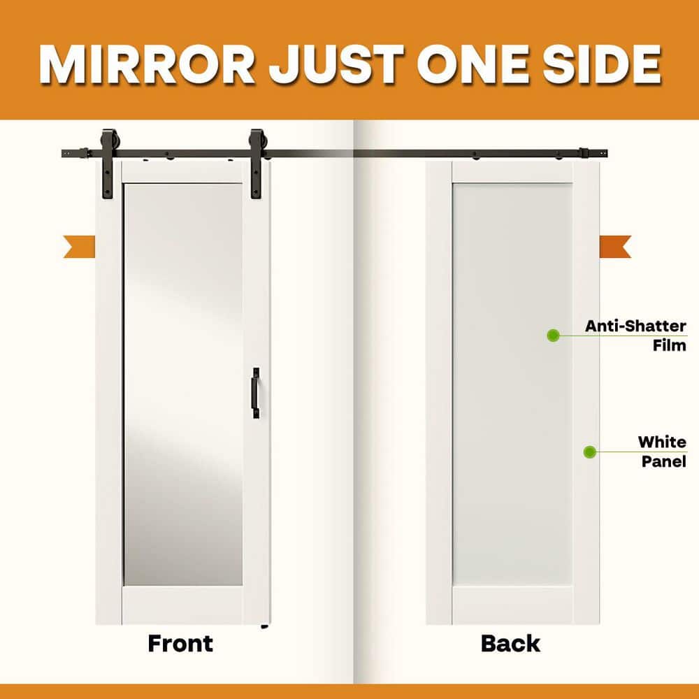Tenoner White MDF 1-Lite Mirrored Bypass Barn Door for Living Rooms, Bedrooms, Kitchen - Easy Installation