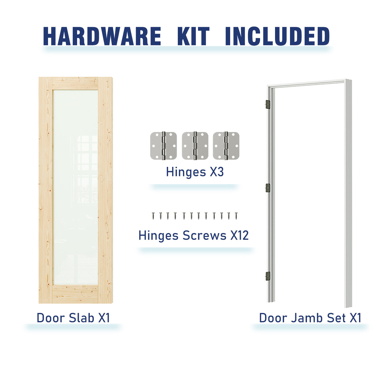 24/30/32 in. x 80 in. Pine Wood Color Prehung Interior Door Frosted Glass MDF Wood with Door Jamb and Hardware Kit